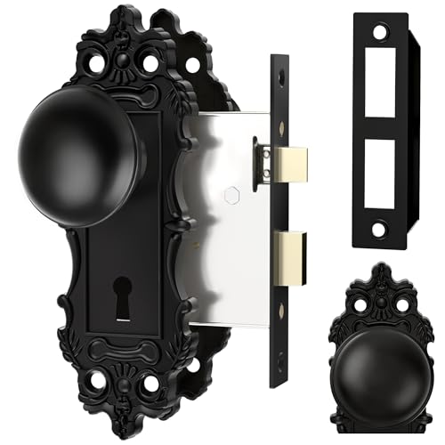 CEYMIO Mortise Lock Door Knobs Interior Matte Black Door Knob Antique Door Handle Skeleton Key Privacy Vintage Door Locks for Bedrooms Bathroom - Image 1