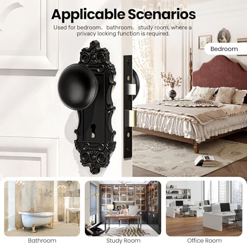 CEYMIO Mortise Lock Door Knobs Interior Matte Black Door Knob Antique Door Handle Skeleton Key Privacy Vintage Door Locks for Bedrooms Bathroom - Image 3