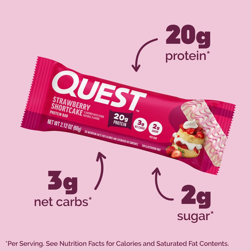 Quest Nutrition Protein Bars, Strawberry Shortcake, 20g Protein, 2g Sugar, 3g Net Carbs, 10g Fiber, Gluten Free, 12 Count - Image 2