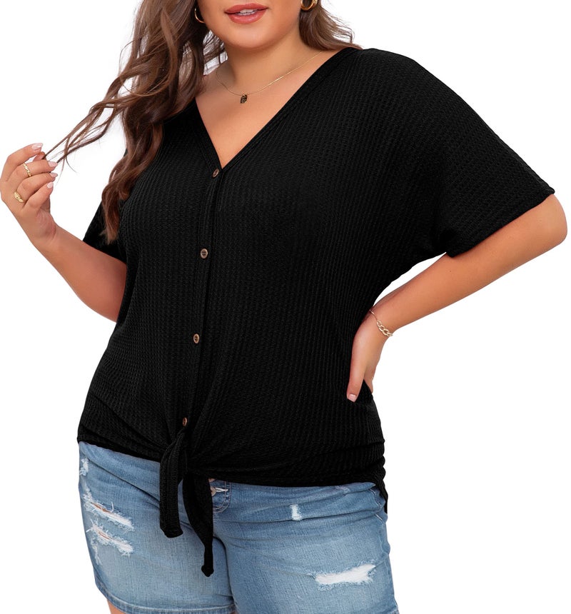 OLRIK Womens Plus Size Tops Short Sleeve V Neck Waffle Knit Tunic Blouse Tie Front Button Up T Shirts Black-3X - Image 4