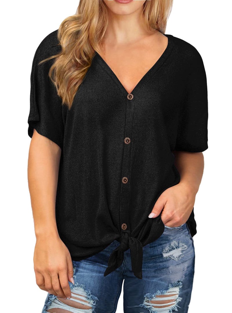 OLRIK Womens Plus Size Tops Short Sleeve V Neck Waffle Knit Tunic Blouse Tie Front Button Up T Shirts Black-3X - Image 1