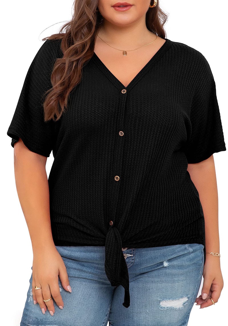 OLRIK Womens Plus Size Tops Short Sleeve V Neck Waffle Knit Tunic Blouse Tie Front Button Up T Shirts Black-3X - Image 5