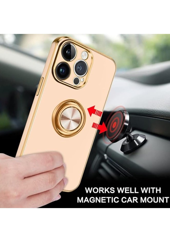 YoYoTech iPhone 15 Pro Soft Silicon Shockproof Luxury Gold Lining Case Rotatable Magnetic Ring Holder Kickstand Cover Full Camera Protection.(Light Pink)  - Image 2