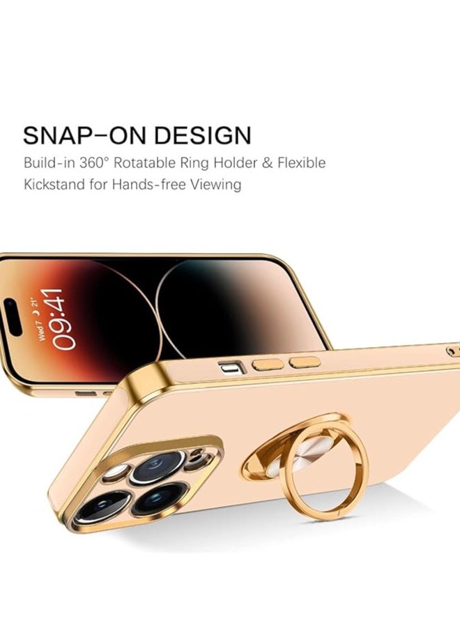 YoYoTech iPhone 15 Pro Soft Silicon Shockproof Luxury Gold Lining Case Rotatable Magnetic Ring Holder Kickstand Cover Full Camera Protection.(Light Pink)  - Image 4
