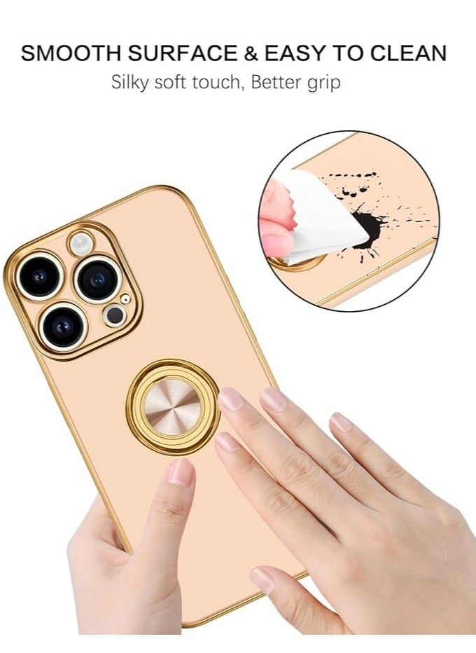 YoYoTech iPhone 15 Pro Soft Silicon Shockproof Luxury Gold Lining Case Rotatable Magnetic Ring Holder Kickstand Cover Full Camera Protection.(Light Pink)  - Image 5