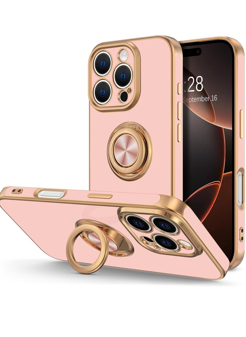 YoYoTech iPhone 15 Pro Soft Silicon Shockproof Luxury Gold Lining Case Rotatable Magnetic Ring Holder Kickstand Cover Full Camera Protection.(Light Pink)  - Image 1