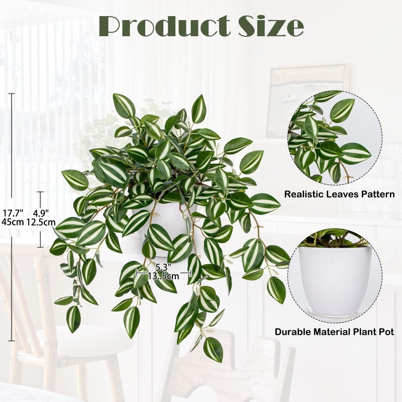 Briful Fake Plants Indoor Artificial Potted Silk Plants Faux Watermelon Peperomia Cascading Vine Plant for Home Office Livingroom Desk Shelf Mantle Decoration(Green/White - 1 Pack) - Image 2