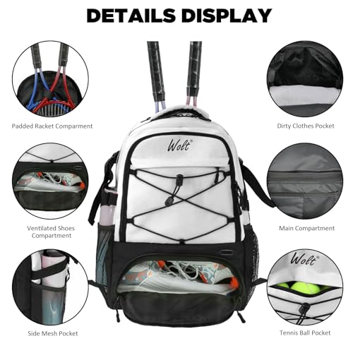 WOLT Tennis Bag - Large Tennis Racket Backpack for Men & Women - Ventilated Shoe Compartment - Holds 2 Rackets - Image 4
