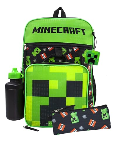 Minecraft Creeper Backpack Set Boys TNT 5 Piece Gamer Rucksack Pencil Case Bottle Lunchbag Included Unleash Adventure Black Schoolbag Set - Image 1
