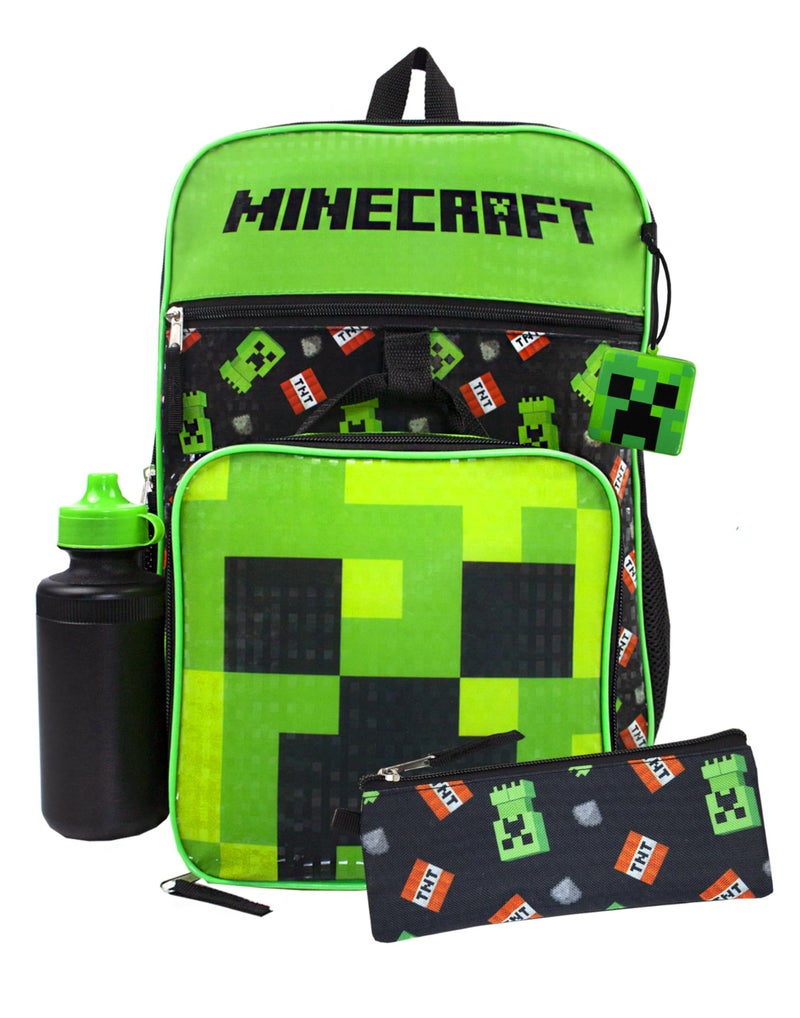 Minecraft Creeper Backpack Set Boys TNT 5 Piece Gamer Rucksack Pencil Case Bottle Lunchbag Included Unleash Adventure Black Schoolbag Set - Image 2