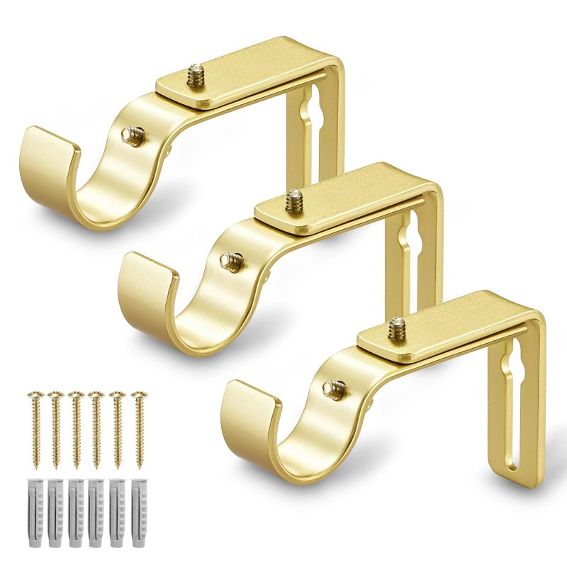 LLPJS Curtain Rod Bracket Adjustable, Drapery Rod Holder Hooks Support Hangers for 1 inch Diameter Window Curtain Rods (Warm Gold, 3-Pack) - Image 1