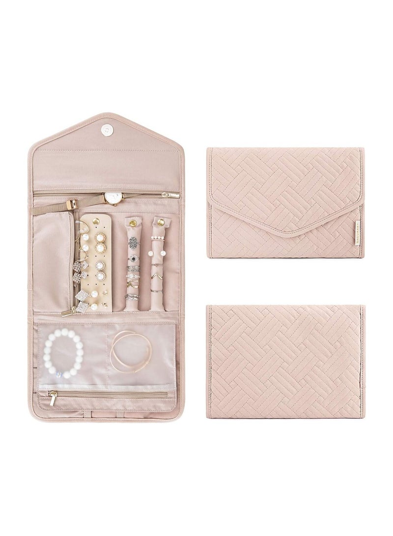 Travel Jewelry Organizer Roll Foldable Jewelry Case for Journey-Rings, Necklaces, Bracelets, Earrings, Soft Pink - Image 1