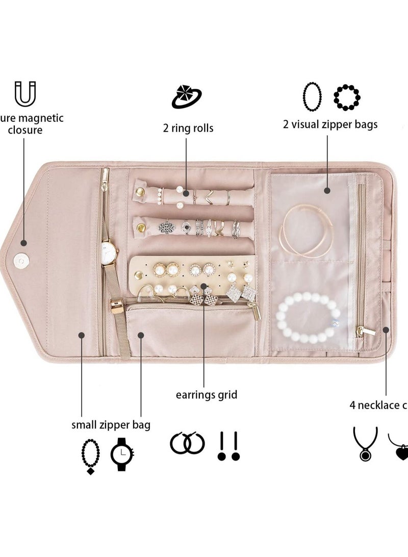 Travel Jewelry Organizer Roll Foldable Jewelry Case for Journey-Rings, Necklaces, Bracelets, Earrings, Soft Pink - Image 4