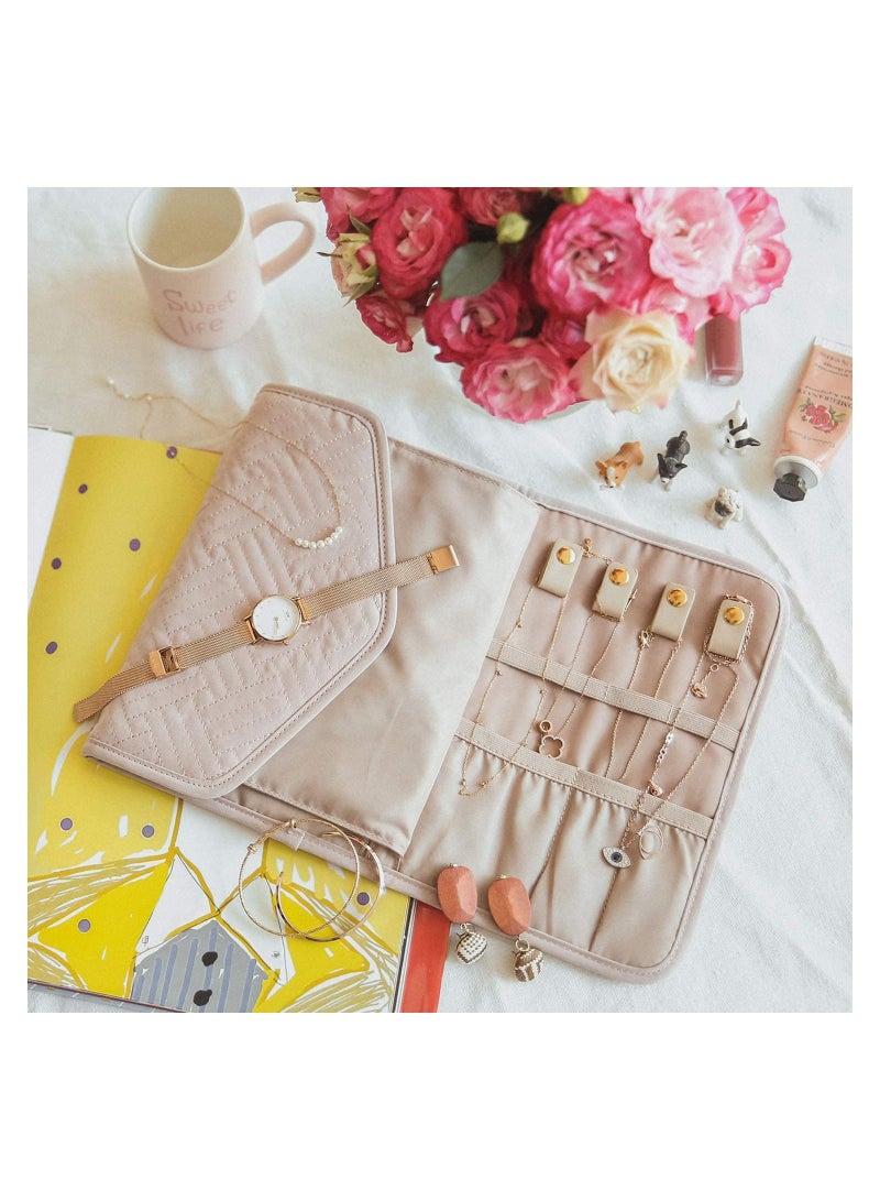 Travel Jewelry Organizer Roll Foldable Jewelry Case for Journey-Rings, Necklaces, Bracelets, Earrings, Soft Pink - Image 3
