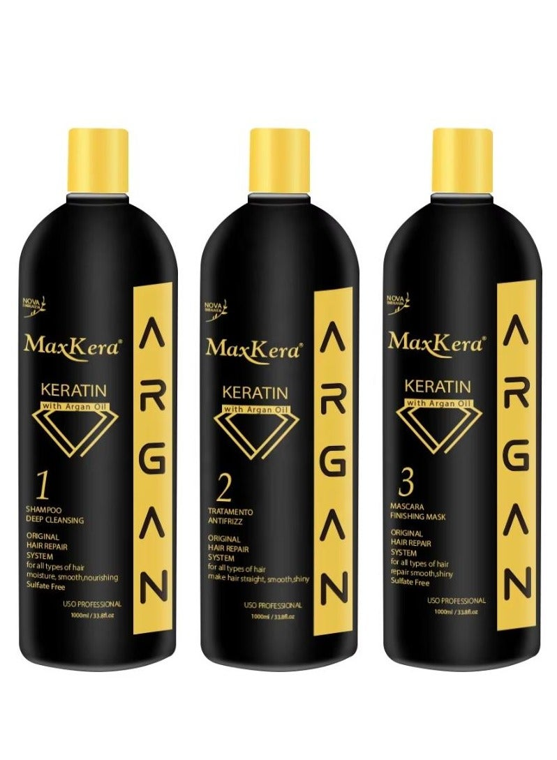 NOVA Maxkera Brazilian Keratin Treatment Creatine With Argan Oil Set Original Hair Repair System 3*1000 ml PCS
