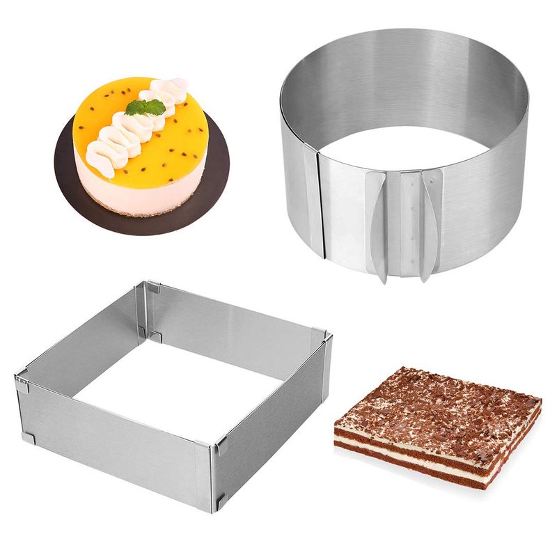 Meichu Adjustable Cake Ring 2 Pack, 6 to 12 Inch Stainless Steel Mousse Cake Mold Ring with scaling for Kitchen DIY Pastry, Square and Round - Image 1