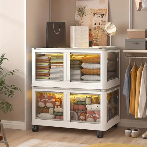 EXVITO Plastic Cupboard for Storage - Collapsible Wardrobes for Clothes | Almirah for Clothes | Folding Storage Box | Stackable Storage Bins with Door Space Saving Bedroom Closet (Off-White, 2-Tier) - Image 1