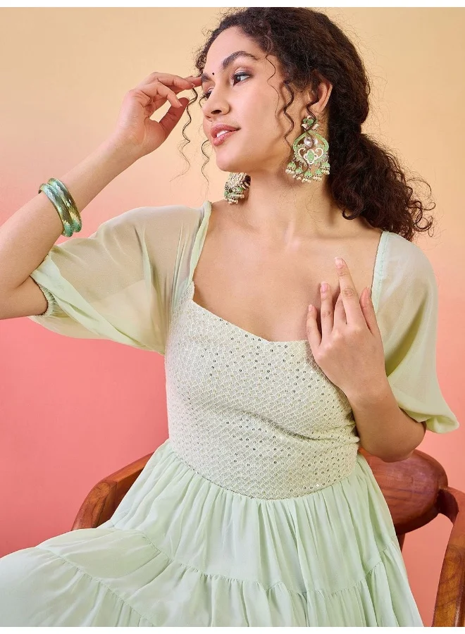 AKS Self Design Sequinned Tiered Fit & Flare Ethnic Dress