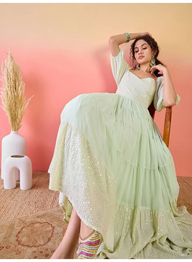 AKS  Self Design Sequinned Tiered Fit & Flare Ethnic Dress for Women | Best Price UAE
