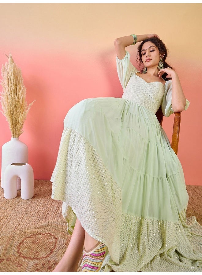 AKS Self Design Sequinned Tiered Fit & Flare Ethnic Dress - Image 5