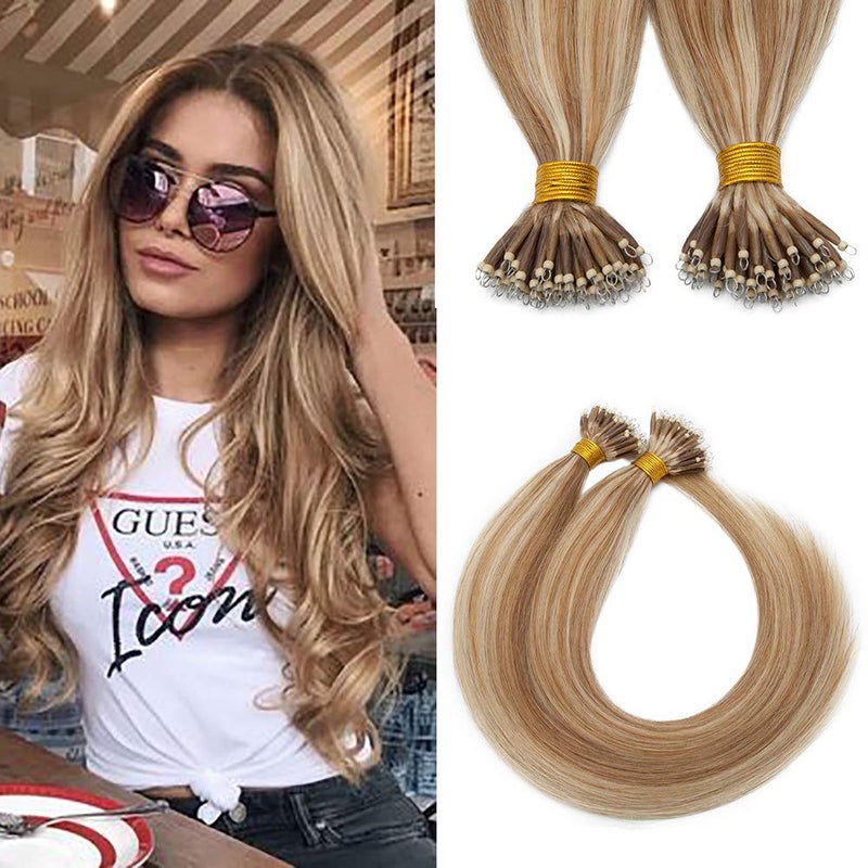 SEGO Nano Bead Ring Human Hair Extension Pre Bonded Nano Tip Remy Hair Extensions Micro Beads Rings Loop Hand Tied Hairpiece 18 Inch 12P613 Golden Brown  Bleach Blonde 1gstrand 50gpack