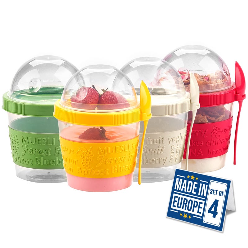 Crystalia أكواب زبادي كريستاليا بارفيه مع أغطية - أكواب إفطار صغيرة للسفر - أوعية بلاستيكية مع حبوب ووعاء شوفان مع ملعقة - مجموعة ملونة قابلة لإعادة الاستخدام من 4 قطع سعة 17 أونصة