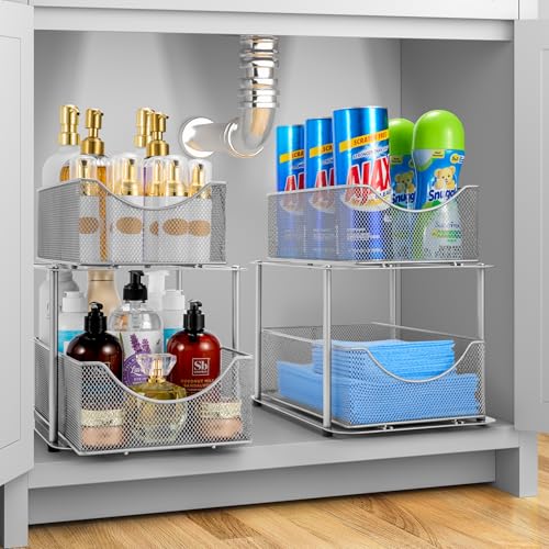 Sorbus 2 Sets of 2 Tier Metal Under Sink Organizer for Bathroom Kitchen Strong Steel Mesh Sliding Drawers for Under Sink Under Cabinet Closet Kitchen Pantry Bathroom Organizers and Storage - Image 3