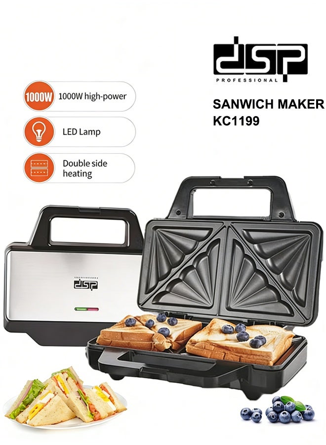 DSP Electric Sandwich Maker with Non-Stick Plates, Automatic Temperature Control & Indicator Lights, Cool Touch Handle, Easy to Clean and Store, Perfect for Cooking Breakfast, Grilled Cheese and Snacks,KC1199,Black/Silver - Image 1