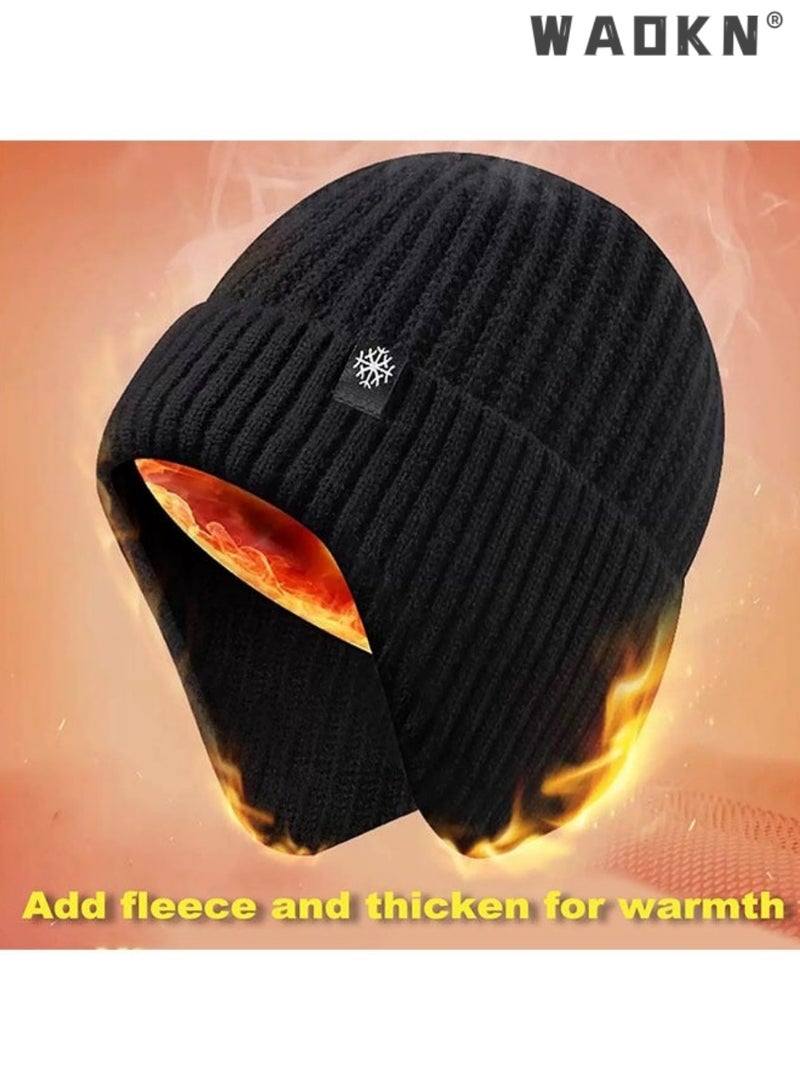 WAOKN 2pcs Mens Winter Knit Beanie with Earflap Neck Warmer Set Outdoor Warm Thermal Knitted Hat with Fleece Lined Skull Cap，Winter warmth and ear protection cap，Thick knitted yarn cap，Premium quality knit cap - Image 4