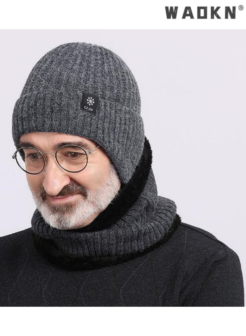 WAOKN 2pcs Mens Winter Knit Beanie with Earflap Neck Warmer Set Outdoor Warm Thermal Knitted Hat with Fleece Lined Skull Cap，Winter warmth and ear protection cap，Thick knitted yarn cap，Premium quality knit cap - Image 3