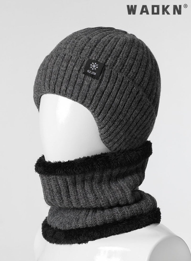 WAOKN 2pcs Mens Winter Knit Beanie with Earflap Neck Warmer Set Outdoor Warm Thermal Knitted Hat with Fleece Lined Skull Cap，Winter warmth and ear protection cap，Thick knitted yarn cap，Premium quality knit cap - Image 1