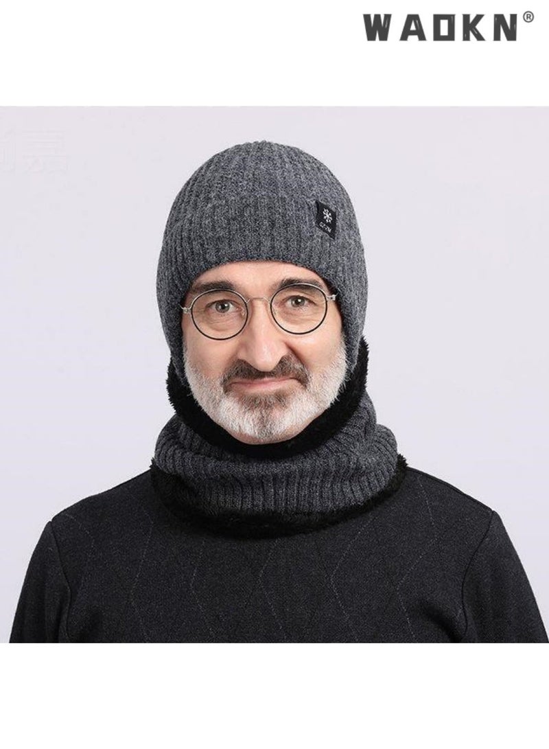 WAOKN 2pcs Mens Winter Knit Beanie with Earflap Neck Warmer Set Outdoor Warm Thermal Knitted Hat with Fleece Lined Skull Cap，Winter warmth and ear protection cap，Thick knitted yarn cap，Premium quality knit cap - Image 2
