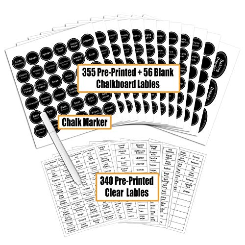 SWOMMOLY 771 Printed Spice Jar Labels with Extra Write-on Labels, Pantry Stickers and Chalk Marker Pen. Chalkboard and Transparent Set - Image 2