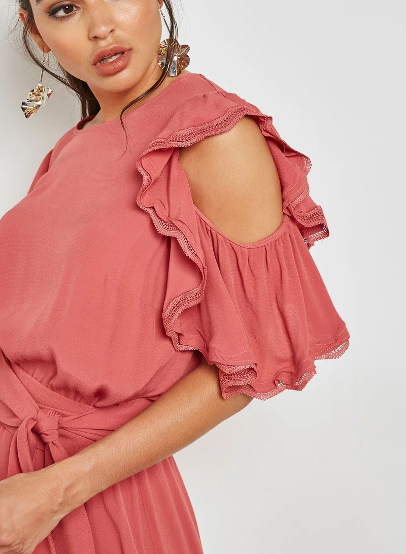 Eva Longoria Ruffle Detail Asymmetric Dress