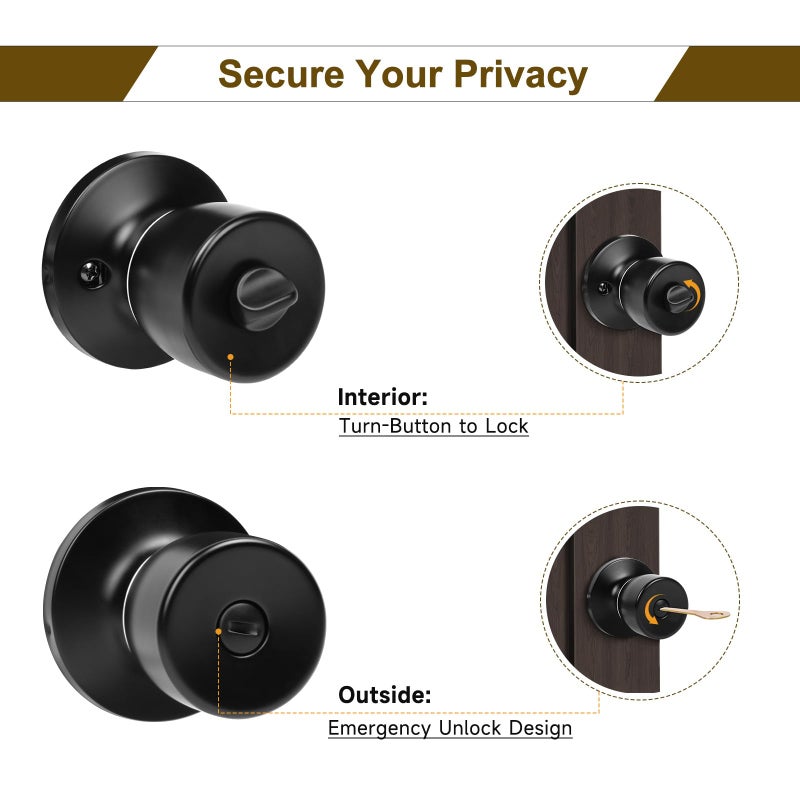 Hosom 6 Pack Matte Black Door Knobs Interior Privacy Door Knob Bedroom Bathroom Door Knobs With Lock Keyless Doorknobs  Black Door Handles - Image 3