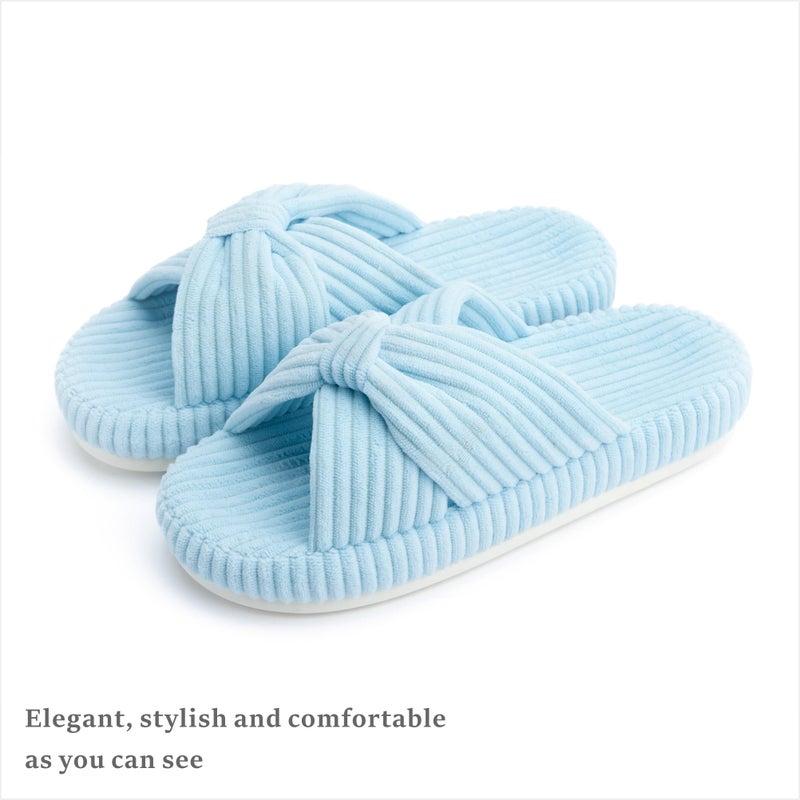 Chantomoo Slippers for Women Memory Foam House Bedroom Corduroy Bow Crossbands Slipper Shoes Comfy Trendy Gift Slippers Light Blue Size7 8 6.5 - Image 5