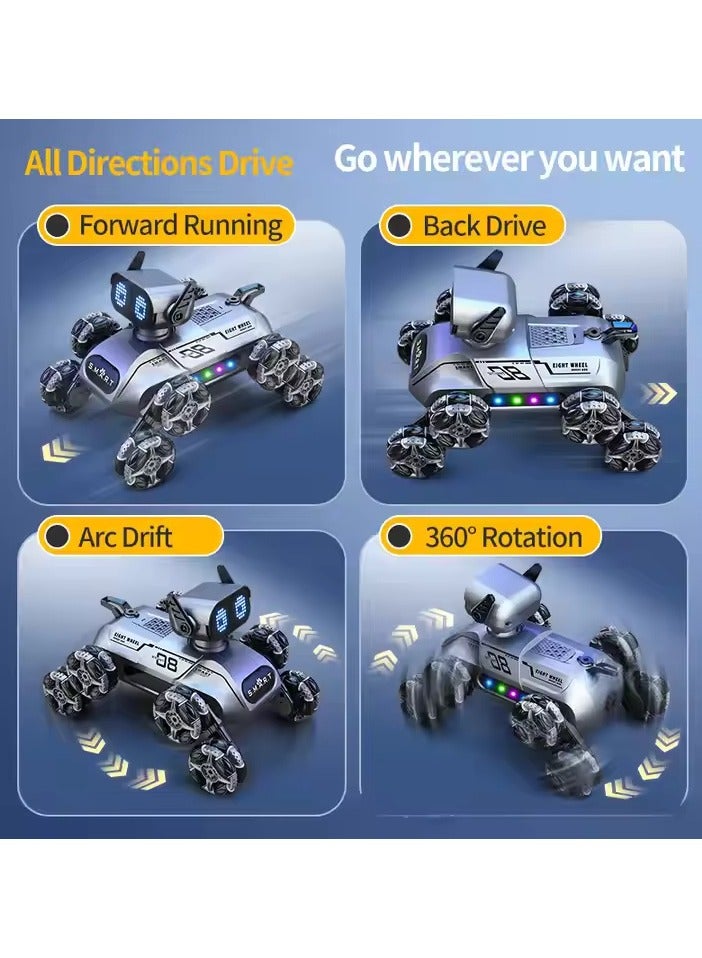 DIGI CORE Eight-Wheel Remote Control Robot Dog Toy, Intelligent Stunt Pet Dog with Gesture Control, Music, Lights & One-Click Spray, 360° Rotation, Drift Mode, All-Terrain Tires, Smart RC Toy for Kids Ages 6+ Grey - Image 4