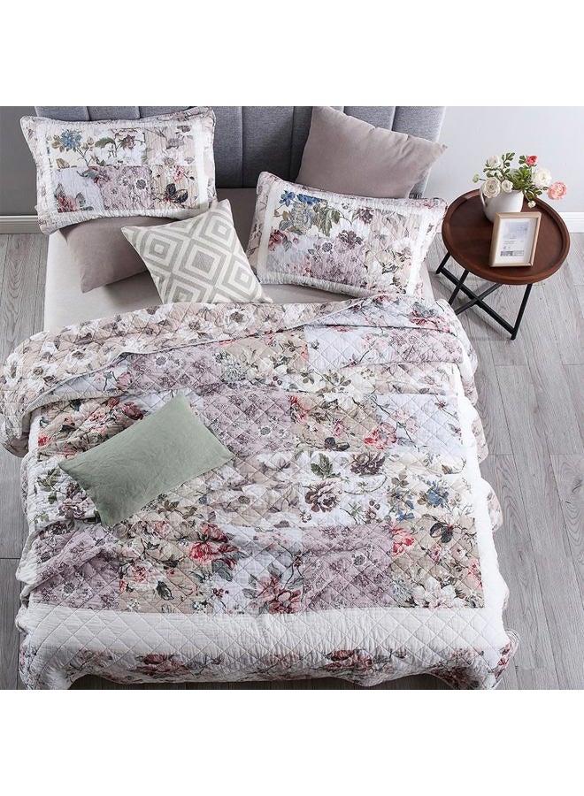 camandy Cotton Bedspread Quilt Bedding Sets 3 Pieces Reversible Coverlet Sets Comforters Vintage Floral Patchwork White Bedspread, Queen Size - Image 3