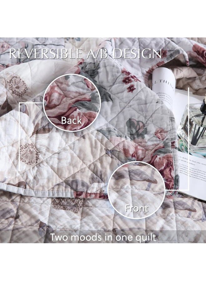 camandy Cotton Bedspread Quilt Bedding Sets 3 Pieces Reversible Coverlet Sets Comforters Vintage Floral Patchwork White Bedspread, Queen Size - Image 5