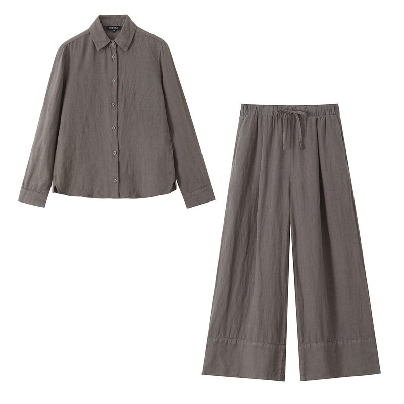 Foreign trade 2024 autumn new womens European and American style linen loose shirt straight trousers two-piece 4877100 Gray complete set