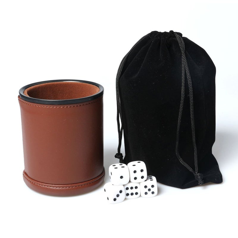RERIVER Leather Dice Cup Set Felt Lining Quiet Shaker with 5 Dot Dices for Farkle Yahtzee Games,Brown  - Image 4