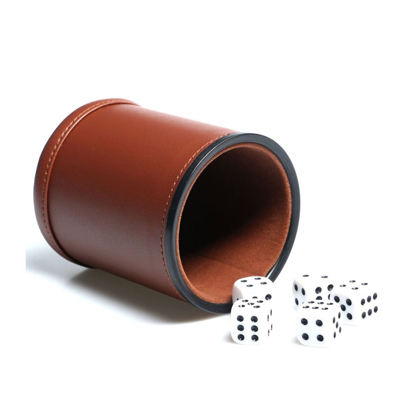 RERIVER Leather Dice Cup Set Felt Lining Quiet Shaker with 5 Dot Dices for Farkle Yahtzee Games,Brown  - Image 1