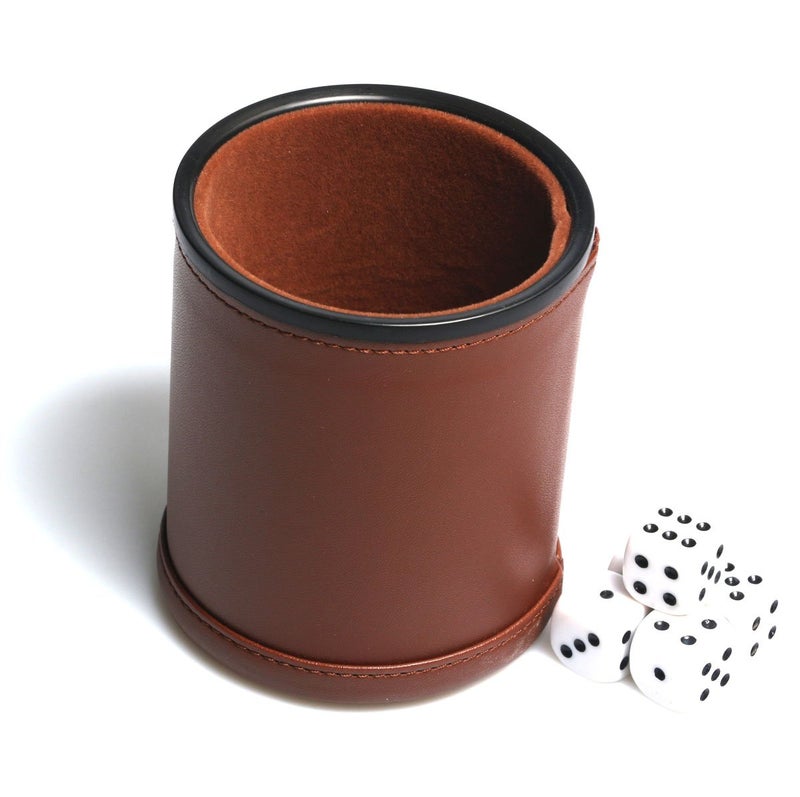 RERIVER Leather Dice Cup Set Felt Lining Quiet Shaker with 5 Dot Dices for Farkle Yahtzee Games,Brown  - Image 2
