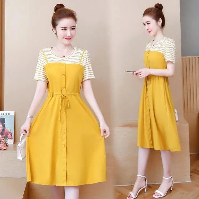 2022 large size dress new summer fake two-piece yellow smart smoked dress French waist fairy dress 2789 yellow