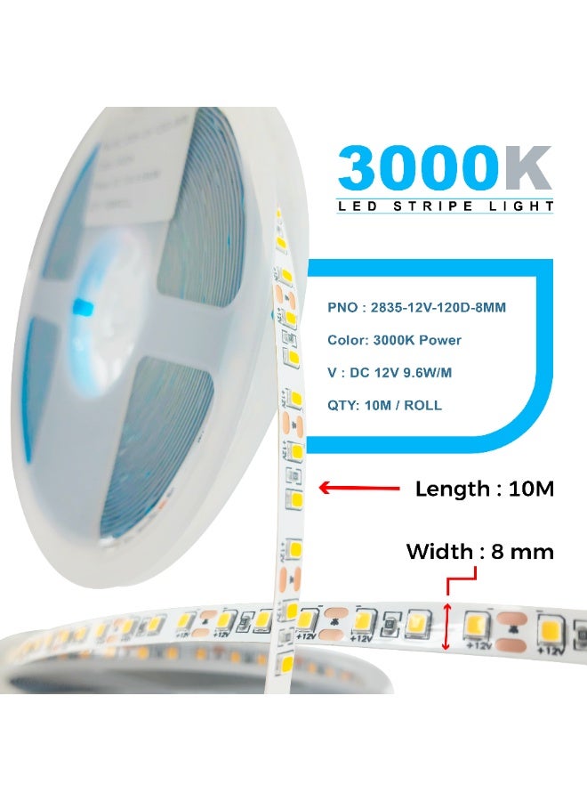أبيض دافئ ٣٠٠٠ كلفن | شريط إضاءة LED | طاقة ١٢ فولت تيار مستمر ٩٫٦ فولت واط/متر | ٨ مم | ديكور داخلي وخارجي | لفة بطول ١٠ أمتار - Image 1