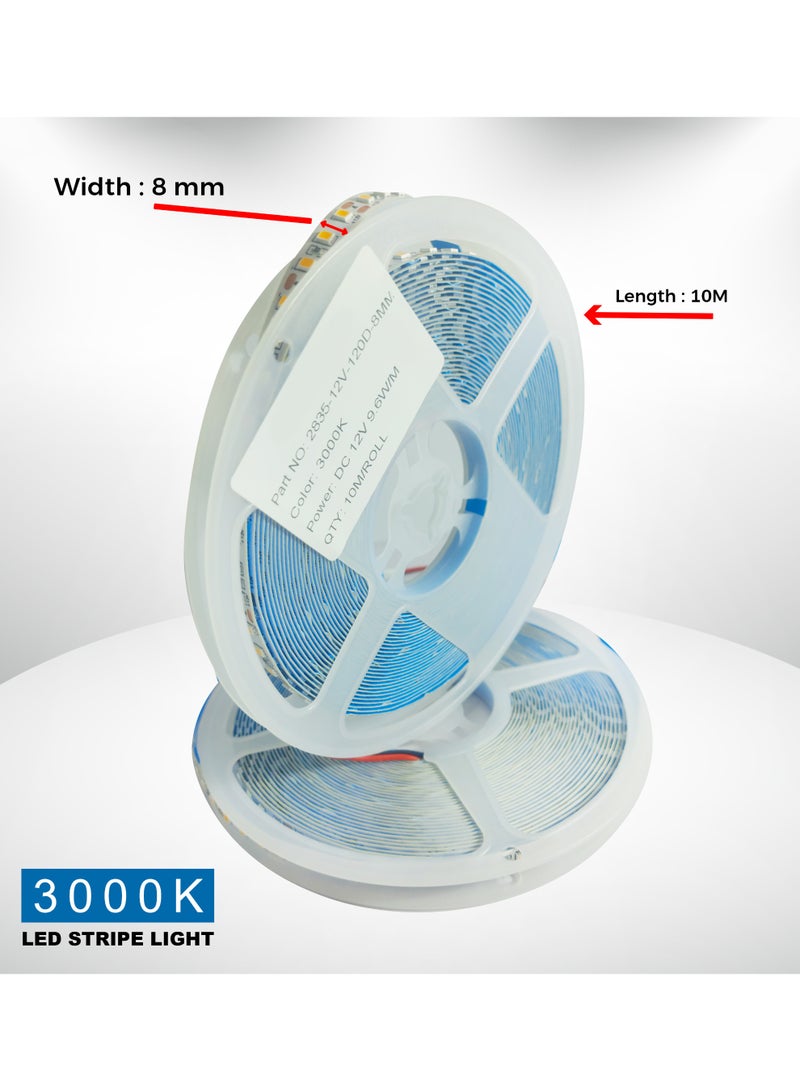 أبيض دافئ ٣٠٠٠ كلفن | شريط إضاءة LED | طاقة ١٢ فولت تيار مستمر ٩٫٦ فولت واط/متر | ٨ مم | ديكور داخلي وخارجي | لفة بطول ١٠ أمتار - Image 2