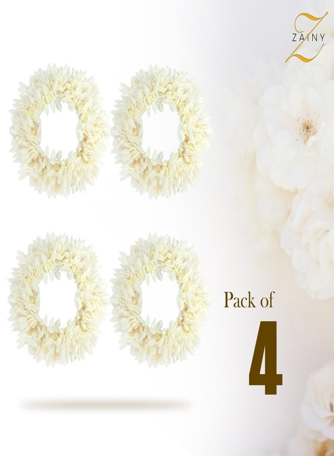 ZAINY 4 Pack Mogra Artificial Gajra for Hair Indian Bun Braid, Traditional Veni Scrunchies, Scented Jasmine Flowers, Bridal Hair Accessories for Women, White Wedding Scrunchie - Floral Girl Accessory - Image 5