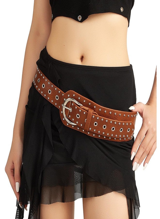NOFIBAF Vintage Wide Belt Rivets Waist Belt with Metal Buckle Black Punk Fashion PU Leather Belt for Dresses Accessories for Women (BROWN) - Image 1