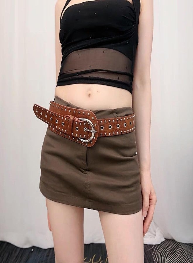 NOFIBAF Vintage Wide Belt Rivets Waist Belt with Metal Buckle Black Punk Fashion PU Leather Belt for Dresses Accessories for Women (BROWN) - Image 3