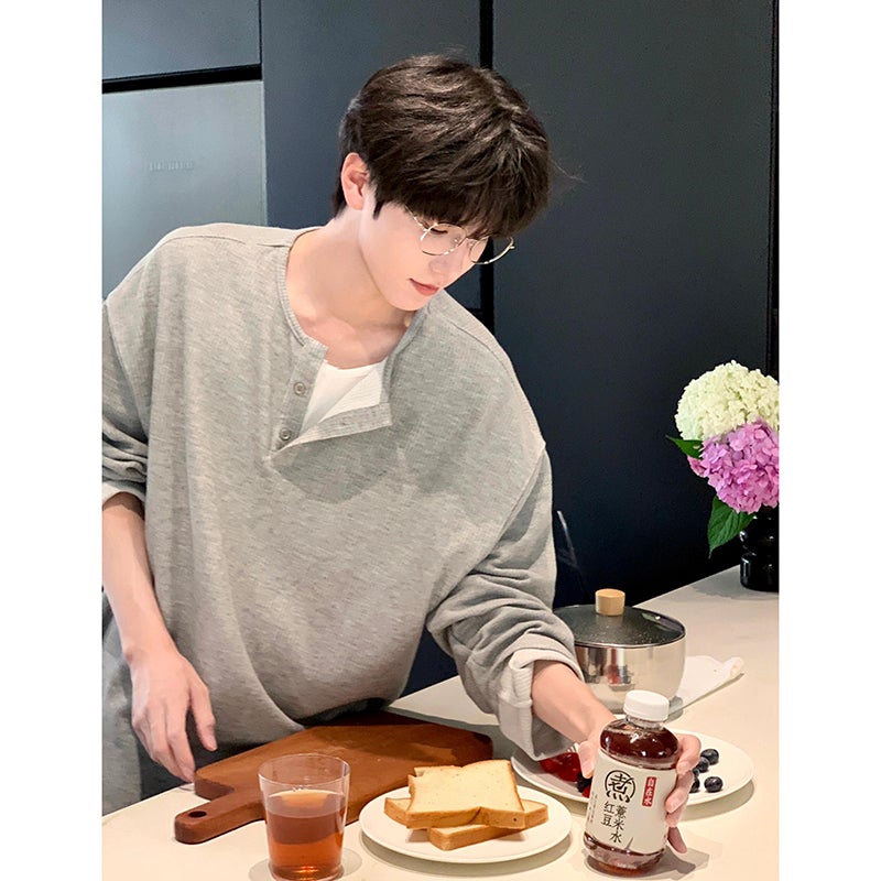 Gray Fake Two-Piece Long-Sleeved Henry Collar T-Shirt For Boys In Autum, Waffle Sweatshirt, Korean Style Inner Layering Shirt - Image 4